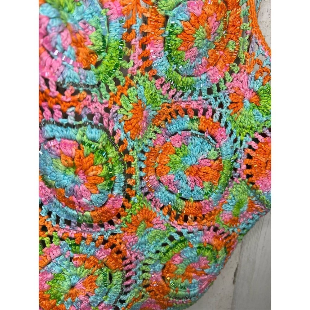Brenda Thomson Crochet Halter Crop Top Multi Color Beaded Boho Festival Womens - Picture 4 of 8